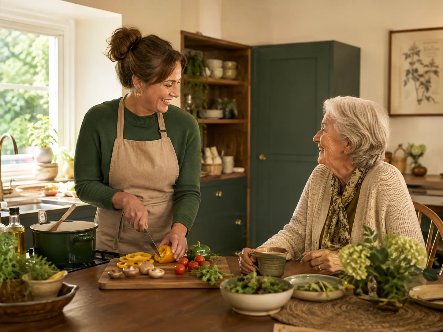 Cooking companion preparing a fresh meal while talking with an older woman at home