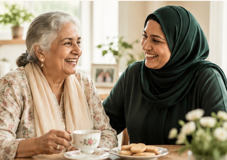 An older woman enjoying tea and conversation with a friendly female companion at home