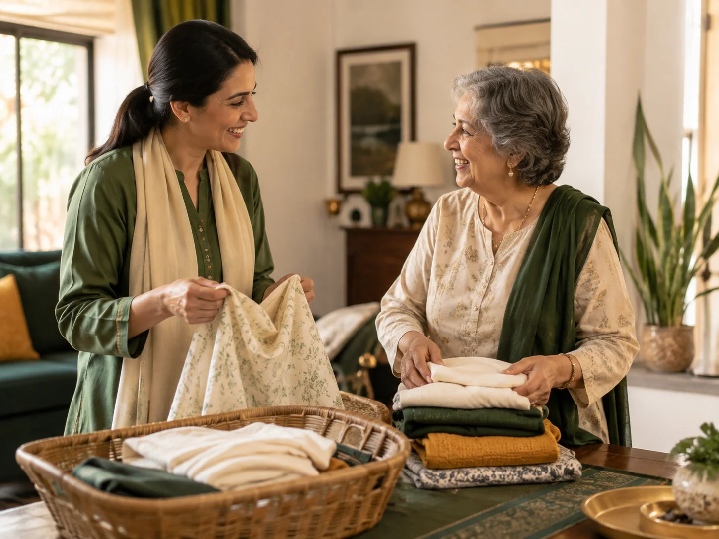 Female companion and older woman folding laundry together at home